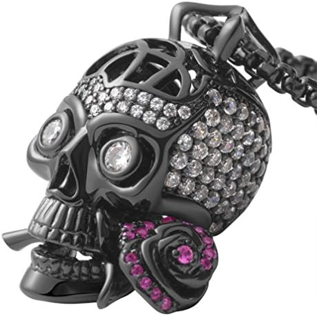 KarseerFaithful Love Rose Skull Pendant Necklace With Crystal Brain Hidden Inside, Unisex, 24"