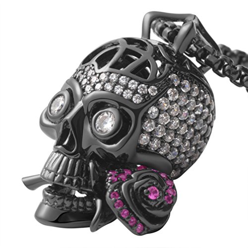 KarseerFaithful Love Rose Skull Pendant Necklace With Crystal Brain Hidden Inside, Unisex, 24"