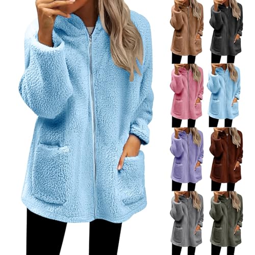 AMDOLE Fleece Jacket Women Winter Coats for Women UK Loose Fleece Medium Length Jacket Soft Warm Women's Jackets Zip Up Casual Coats Comfy Fall Outwear Ladies Sweaters with Large Pockets Sky Blue L