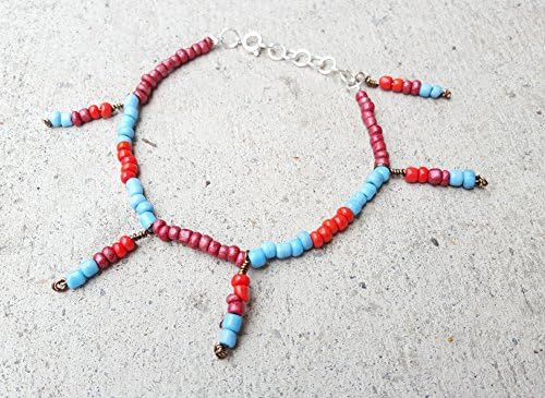 Red, blue and brown Beaded anklet with beaded wire wrapped fringes.