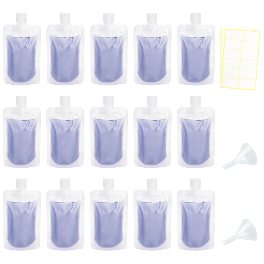 Mulaibdin 15 Pcs Travel Pouches for Toiletries, Travel Bottles for Toiletries with Labels, Leakproof Travel Containers for Liquids 100ml, Portable Refillable Squeeze Pouch for Lotion,Cream,Shampoo