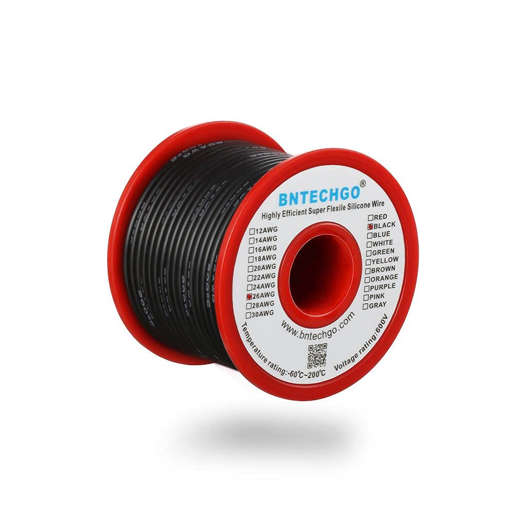 BNTECHGO 26 Gauge Silicone Wire Spool Black 50 ft Ultra Flexible High Temp 200 deg C 600V 26 AWG Silicone Rubber Wire 30 Strands of Tinned Copper Wire Stranded Wire for Model Low Impedance