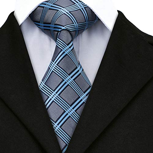 Grey Plaid Check Tie Set Mens Formal Silk Necktie with Hanky and Cufflinks - Thumbnail 6
