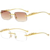 TOSGMLOUS Vintage Small Rimless Rectangle Sunglasses Metal Gold Silver Leopard Eyewear for Women Men