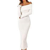 MEROKEETY Women's Winter Off Shoulder Bodycon Sweater Dress 2026 Spring Formal Long Sleeve Elegant Club Party Midi Dresses