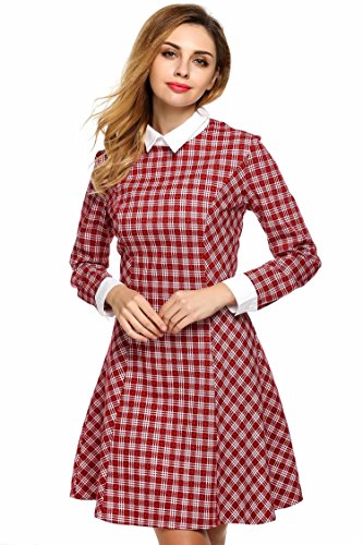Women's Casual Doll Collar Plaid Long Sleeve Knee Length Swing Dress (XXXL, Red)