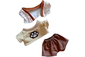 CALEMBOU 20cm Plush Doll Clothes for Stuffed Animals, Cute Anime Plush Figure Cotton Doll Clothes 3Pcs Suit, Girl Dolls Garments for Dress Up Playing (Brown paw)