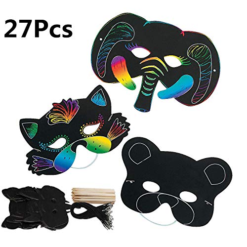 Scratch Art Masks for Kids, Northbear DIY Magic Rainbow Scratch Paper Animal Masks Scratchboard Painting Crafts Set to Decorate, Arts & Crafts Activities (27PCS)