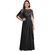 HIZWI Sequin Embroidery Mother of The Bride Dresses Cap Sleeve Boat Neck A-line Long Evening Formal Dress for Women