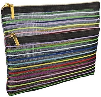 Harry D Koenig Square Double Zipper Travel Cosmetic Bag Black Stripe Mesh (Pack of 12)