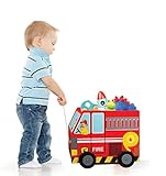 Wooden Pull Along Toy Box - Solid Wood Wagon Fire Truck (12X16X13 inches)