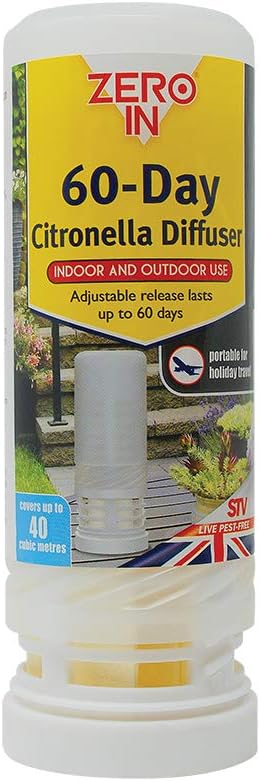 Zero In 60-Day Adjustable Diffuser, Natural Citronella, Mosquito Repeller, Indoor and Outdoor Use, Bee Safe, Travel Size, White