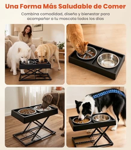 Comedero para Perro Grande de Hierro Macizo Ajustable 9 Alturas(8-44cm), Plato para Perro Plegable y Desmontable, Comedero Elevado para Perro con Platos de Acero y Plato Lento,Plato Elevado para Perro