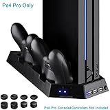 SunMon PS4 Pro Cooling Stand with Dual Fan, Controllers Charging Station with Dual Charger Ports and USB HUB for Playstation 4 Console DualShock 4 + FREE 8 Controller Grip Cover Caps