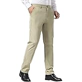 Plaid&Plain Men's Dress Pants Slim Fit Stretch Khaki Pants Wrinkle Free