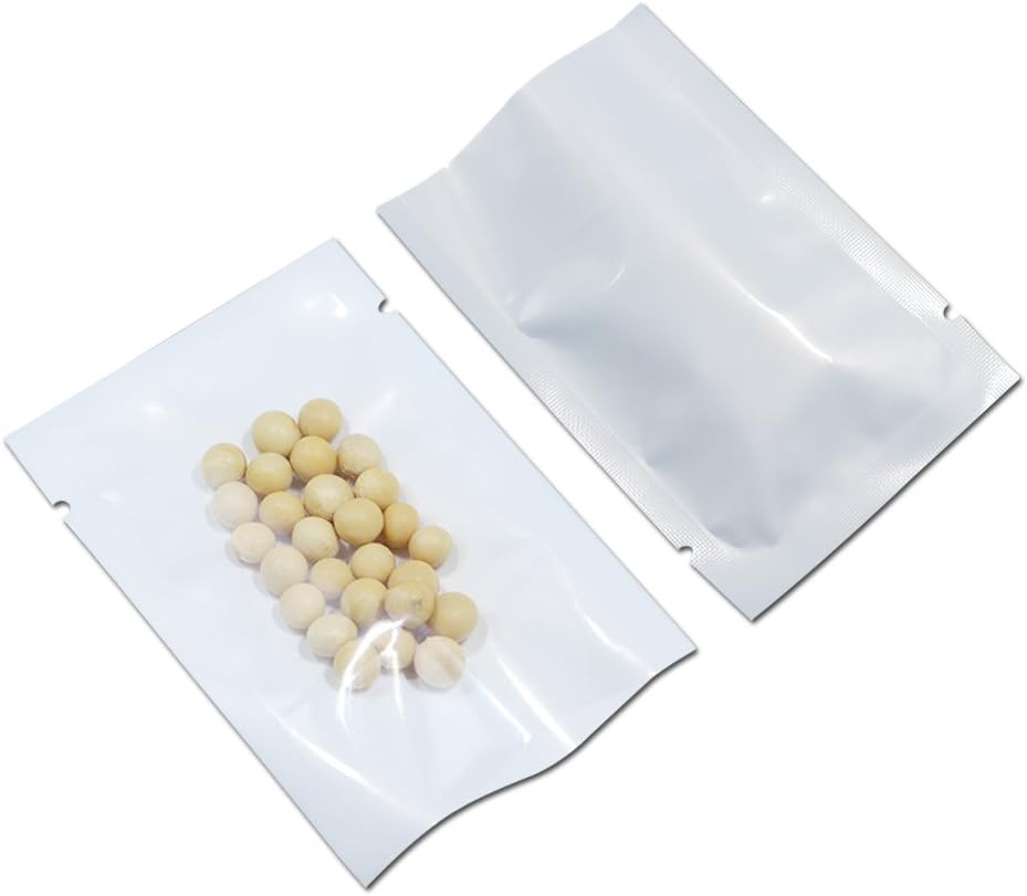 100 Pcs 3.5x5.1 inch (Usable Size 3.1x4.7 inch) White Front Clear Open Top 2.8mil Plastic Vacuum Pouch Heat Sealable Bags for Food Storage Packets Mini Sample with Tear Notches