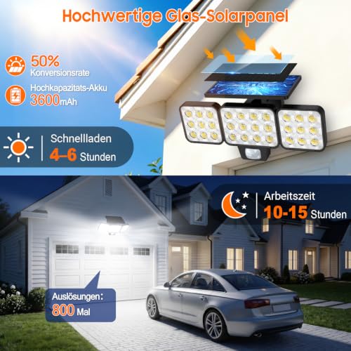 GEARLITE Solar Lights for Outdoor Use with Motion Sensor Pack of 2, 4-in-1 LED Super Bright 3500LM Solar Light 3 Heads, 3 Modes, 270° Wide Angle Lighting, IP65 Waterproof Solar Wall Light for Garage Yard