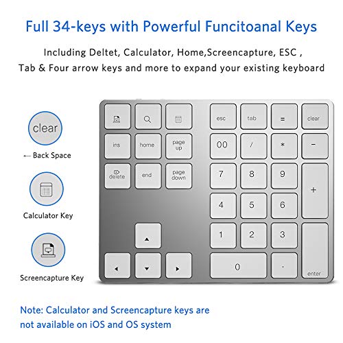Wireless Numeric Keypad, JOYEKY Aluminum Bluetooth Number Pad 34Keys External Number Keyboard