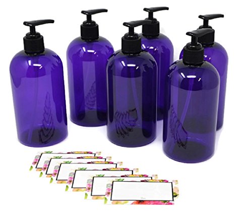 PURPLE PLASTIC PUMP BOTTLES - 16 OZ REFILLABLE with Black Pumps - ORGANIZE Soap, Shampoo and Lotion with a Clean, Classy Look - PET, Lightweight, BPA Free - 6 Pack, BONUS 6 FLORAL WATERPROOF LABELS