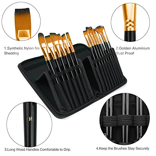 15 pcs Painting Brushes Set Art Paint Brush Kit with Case,Painting Knife,Watercolor Sponge and Palette for Painter Artist Painting,Wooden Handle Brush