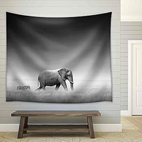 Elephant with Zebra Behind on Open Plains of Etosha Artistic Processing - Fabric Wall Tapestry Home Decor - 51x60 inches