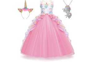 Yipkorra Unicorn Dress for Girls Unicorn Costume Pageant Princess Party Birthday Long Gown with Unicorn Headband & Necklace
