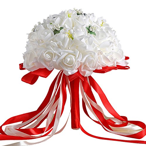 Artificial Flowers,Han Shi Modern Crystal Roses Bridesmaid Wedding Bouquet Joyous (S, Red)