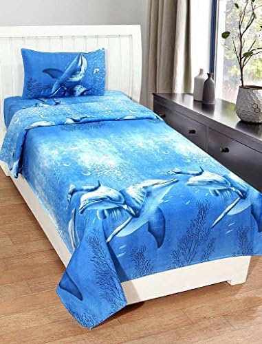 Sky Tex Aqua Cotton Dolphin 140 TC Single Bed Sheet with 1 Pillow Cover