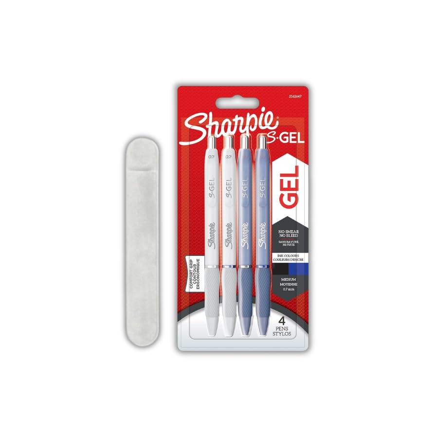 Sharpie S-Gel | Gel Pens | Medium Point| Frost Blue & White Pearl Barrels | Black & Blue Ink | 4 Count + Velvet Pen Case