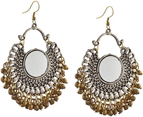 Fashion German Silver Afghani Dangler Hook Chandbali Earrings Mirrors For Girls and Women