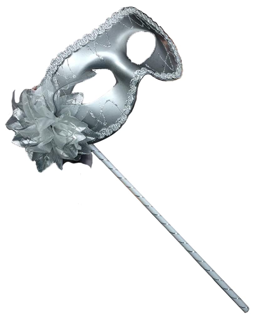 Photo 1 of AZYOUNG Women’s Black Silver Red Painted Half Face Mask on Stick with Side Feather Flower (Silver)