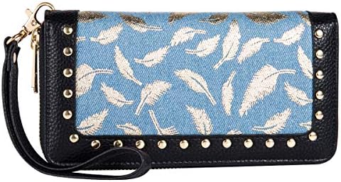 Women Wallet Double Zip Around Wristlet with Perforated Stud RFID Blocking