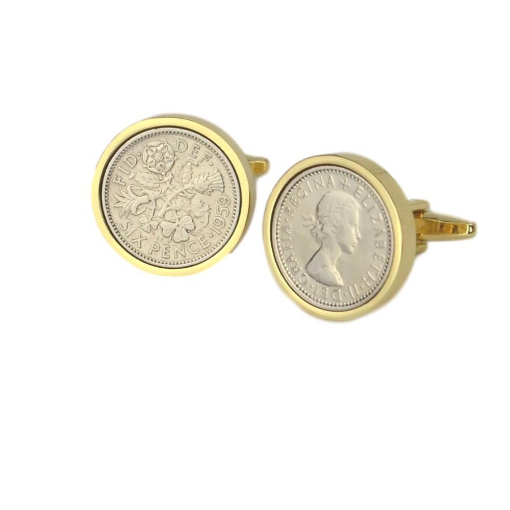 Polished Sixpence Gold Mount Cufflinks | 1959 Anniversary Coins 65th Birthday