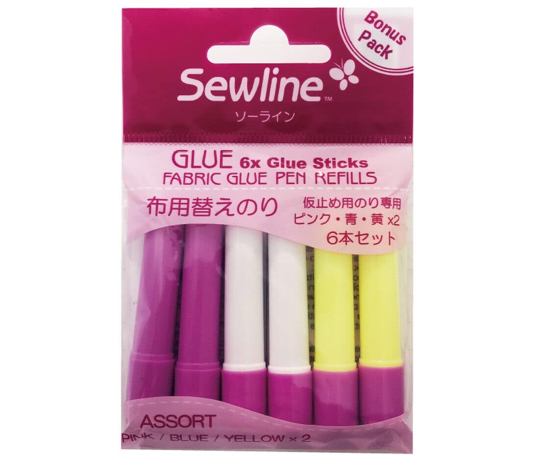Sewline FAB50062 Refill for Textile Glue Stick, Water-Soluble, 6 Pieces: 2 x Blue; 2 x Yellow; 2 x Pink