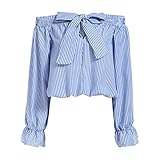 Fedi Apparel Women Gril Striped Off Shoulder Bowknot Blouses Ruffle Sleeve Shirt