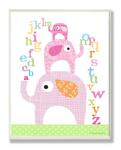 Stupell Home Dcor Pink Elephants With Alphabet Rectangle Wall Plaque, 11 x 0.5 x 15, Proudly Made in USA