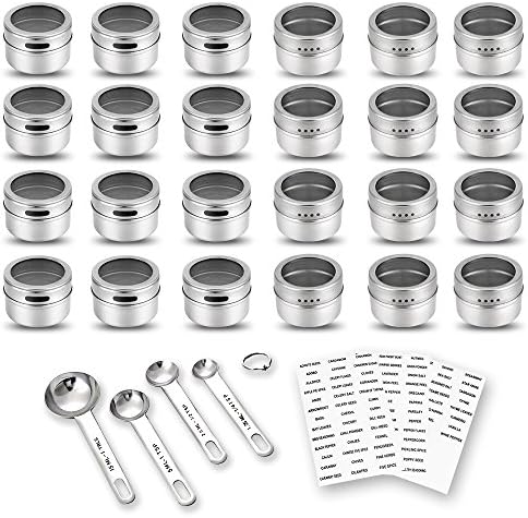 24 Magnetic Spice Tins, 117 PVC Spice Labels, 4 Stainless Steel Measuring Spoons and Recipes E-book by Sanquility. Round Storage Spice Jars Set of 24, Clear Top Lid with Sift or Pour