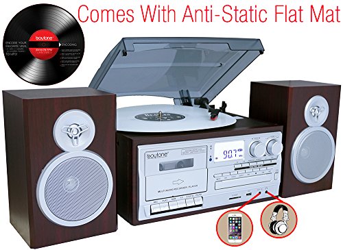Boytone-BT-28SPS-Bluetooth-Classic-Style-Record-Player-Turntable-with-AMFM-Radio-Cassette-Player-CD-Player-2-Separate-Stereo-Speakers-Record-Vinyl-Radio-Cassette-to-MP3-SD-Slot-USB-AUX