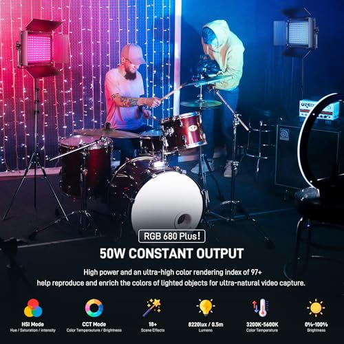 GVM 50W RGB LED Video Light, 680RS LED Panel Light with APP Control, Studio Lighting with 8 Stage Lighting Effects Lighting Kit for Youtube, 3200K-5600K, CRI 97+