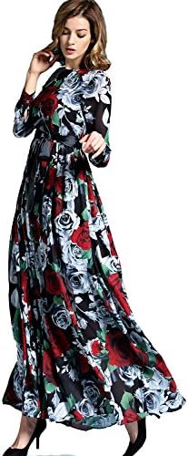Elisen Full Sleeve Women Rose Print Black Maxi Long Dress with Belt (Small)
