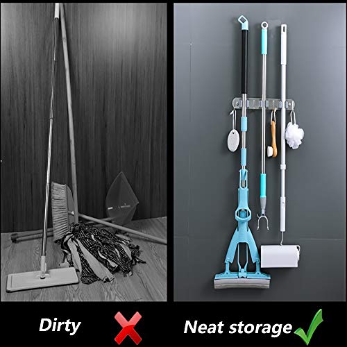 Broom Mop Holder Heavy Duty Wall Mount Stainless Steel Wall Mounted Storage Organizer Tools Hanger with 3 Racks 4 Hooks for Lanudry Garage Kitchen Bathroom Closet Office Garden (2 PCS)