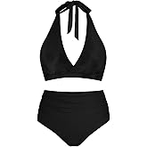Women's Halter Bikini Sets High Waisted Tummy Control Swimsuit V Neck Push Up Bathing Suits