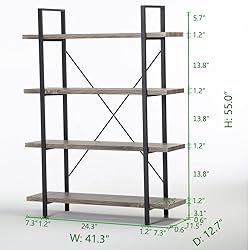 HSH 4-Shelf Vintage Industrial Bookshelf, Rustic