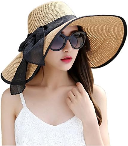 Womens Floppy Sun Hat Packable Wide Brim Straw Hat with Bowknot BlackBow