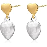 Watforsh 14K Plated Gold and Silver Double Heart Earrings for Women Two Tone Heart Stud Earrings Mix Material Brushed Minimalist Statement Dangle