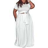 Ophestin Womens Plus Size 2 Piece Dress Outfits Solid Color Crop Top Maxi Skirts Set