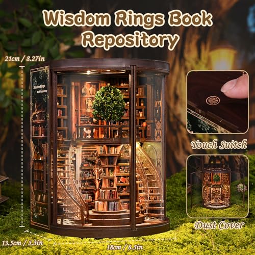 Kaayeewood Book Nook Kit, 3D Wooden Puzzles for Adults, DIY Miniature House Kit for Adults, Booknook with LED Light, Gifts for Family, Friends and Book Lovers, Bookshelf Decor(Wisdom Rings)