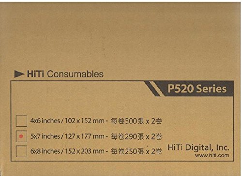 HiTi 5x7" Ribbon and Paper Case for P520 Series Photo Printer, 580 Images per Case, 2x 290 Sheet Rolls