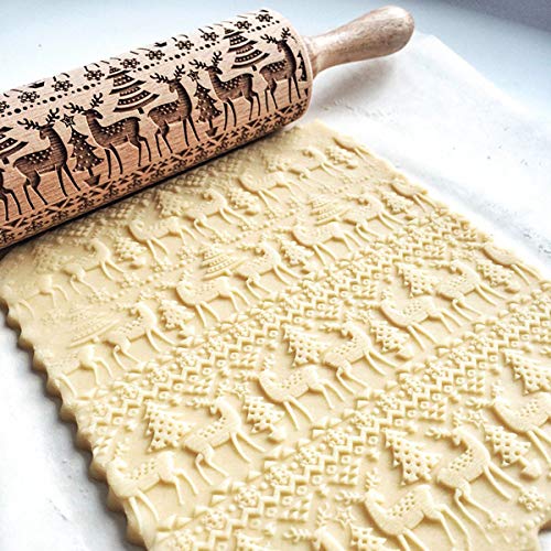 Christmas Embossing Rolling Pin Cookies Decorating Embossed Rollers Pins with Engraved Christmas Snowflakes and Deer Pattern for Baking Dough, Pie, Cookie, Fondant, Pastry, Biscuit (43X5 CM)
