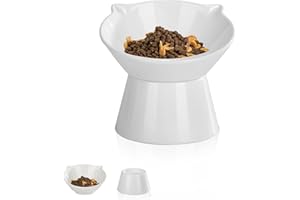 LUCKYPOTS Detachable Elevated Cat Bowls, 15° Tilted Raised Cat Food Bowl Anti-Vomiting, Whisker Friendly, Adjustable Pet cat Dishes for Protecting Spine, Adult Kitten (White)